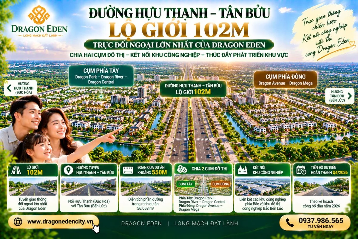 Đường Hựu Thạnh – Tân Bửu 102m – Trục Đối Ngoại Lớn Nhất Của Dragon Eden